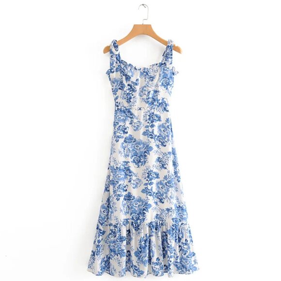 Blue Toile Floral Ruffle Midi Dress by Manu Reformation Nikita Olympia Size 10 - Picture 4 of 16